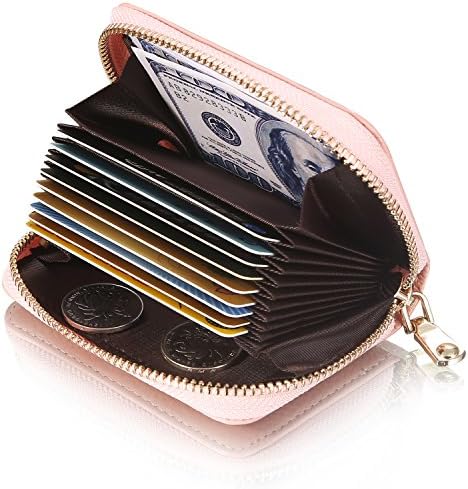 Credit Card Wallet, SANHOO Genuine Leather Zipper Card Holder Wallet Small Purse For Women-Pink