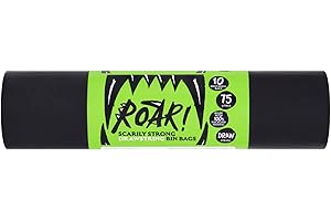 Roar! Bin Bags 75 Litres, 10 Double Drawstring Ultra Strong Black Refuse Sacks, 100% Recycled Plastic, Everyday Use, Household, Office & Kitchen Waste