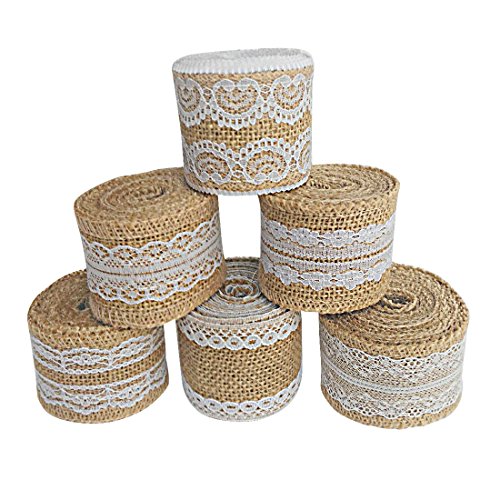 Schönes Leben* 6 Stück Natürliche Leinwand mit Weiß Spitze Juteband Lace Sackleinen Band Rolle für DIY Herstellung Hochzeit Handwerk Spitze Leinen, 78,7 Zoll pro Stück
