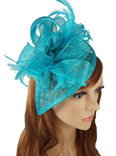 Turquoise Blue Teardrop Sinamay Fascinator with Feathers -Occasion Wedding Races