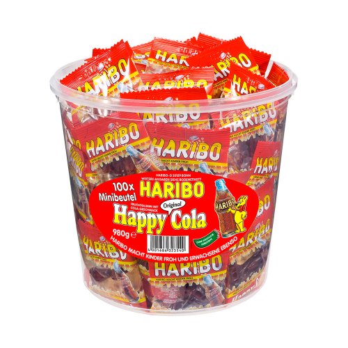 Haribo Happy Cola, Fruchtgummi, Gummibärchen, Weingummi, Fruchtgummi, 100 Minibeutel, 980g Dose