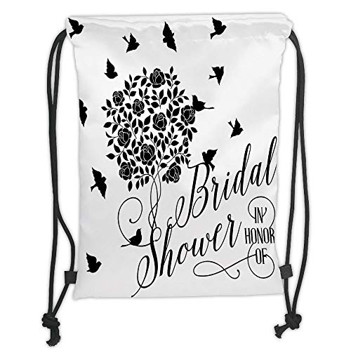 GONIESA Drawstring Sack Backpacks Bags,Bridal Shower Decorations,Flowers Roses Leaves Swirls Birds Bride Party Theme Artwork,Black and White Soft Satin,5 Liter Capacity,Adjustable String Closur