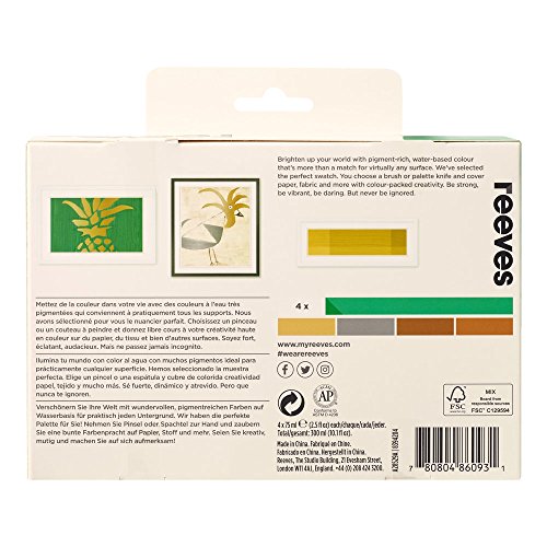 Reeves 8394204 „Acrylic“ Acrylfarbe Set Metallic 4 Farben in 75ml Tube Gold, Silber, Bronze, Kupfer - 2