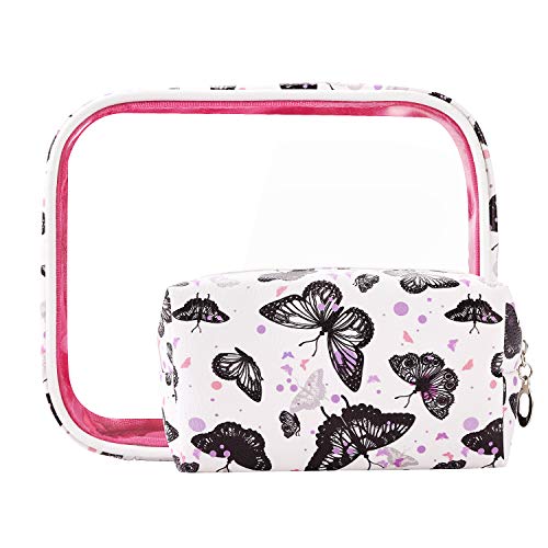Preisvergleich Produktbild Lvtree Kosmetiktasche Kulturbeutel Makeup Bag Kompatibel Frauen PU Leder Reißverschluss wasserdichte Tragbare klar PVC Reise Beutel Geldbeutel Organisator, 2 Pack, Schmetterling