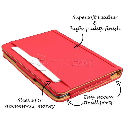Apple iPad mini Madcase Ledertasche Tasche Etui Cover Case mit Dokument Hülse und Auto Schlaf – Wach Funktion premium Leder – rot - 3