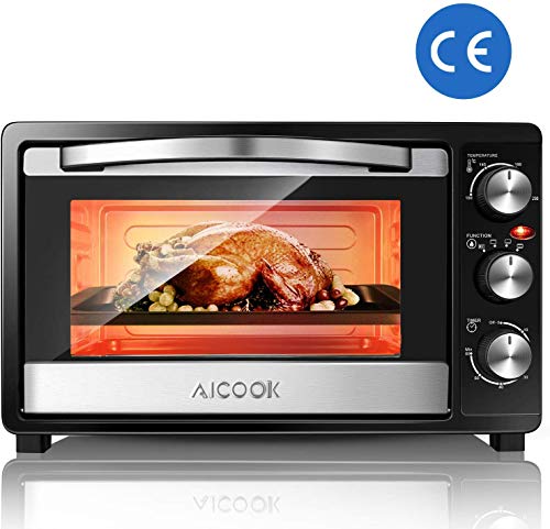 Mini Four Electrique 1500W 23L Four Multifonction à Double Verre avec Pince, Grille et Plat De Cuisson, Plat Ramasse-miettes(100-230°C, Minuterie de 60 min), Facile à Nettoyer, Noir/Argent