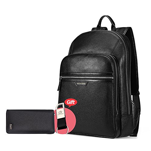 BISON DENIM Lederrucksack Schule Laptop Rucksack Stilvolle Reise Wandern Business Daypack  Black 2PC  