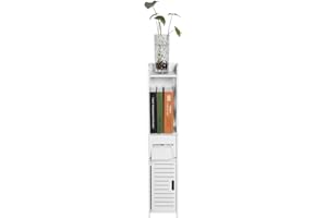 GOTOTOP Biała drewniana szafka kolumnowa nowoczesna szafka do przechowywania szafka toaletowa z 2 półkami, 1 szufladą i 1 drzwiczkami 80 × 15,5 × 15 cm