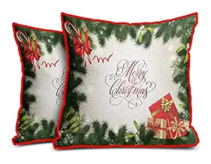 DreamVio Jute Exclusive Merry Christmas Decorative Throw/Pillow Covers, Cushion Covers for Gifting, Living Room, Bed Room, Sofa,Chairs Pack/Set of 2 (Multicolour, Size 12 x 12 Inches)