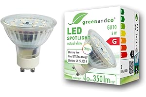 greenandco bombilla LED GU10 | 5W 350 lm | 4000K blanco neutro | 110° | 230V | CRI 90+ | sin parpadeo | no regulable
