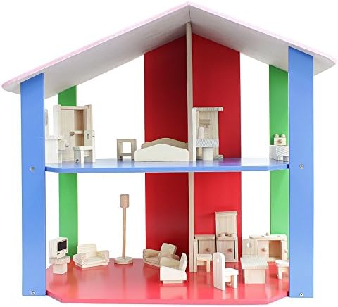 Obique Children's Wooden Toy Set of 5, Doll House Furniture, One Doll House, One Living Room, One Bedroom, One Kitchen, One Bathroom, 24 pieces