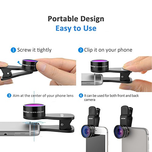 Fisheye-Lens-DOY-4-in-1-Clip-On-Lens-Kits-205-Degree-Fisheye-Lens-032X-Wide-Angle-Lens-225X-Macro-Lens-for-iPhone-766s-Plus5SE-LG-HTC-Huawei-Samsung-and-Most-Smartphones-Black