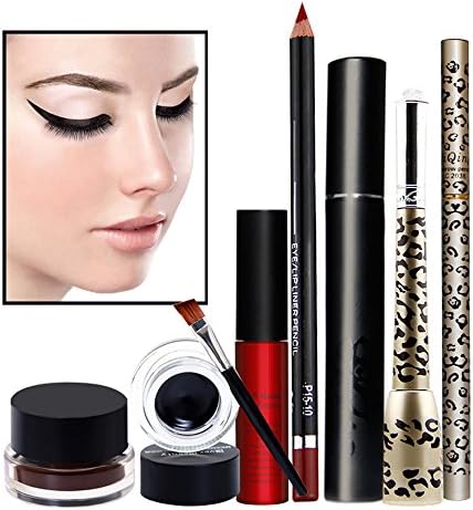 Hifina 6Pcs Professional Cosmetic Makeup Set Contains 2 Color Eyeliner Gel, Liquid Lipstick, Waterproof Lip Liner, Leopard Liquid Eyeliner, Leopard Eyebrow Pencil And Mascara