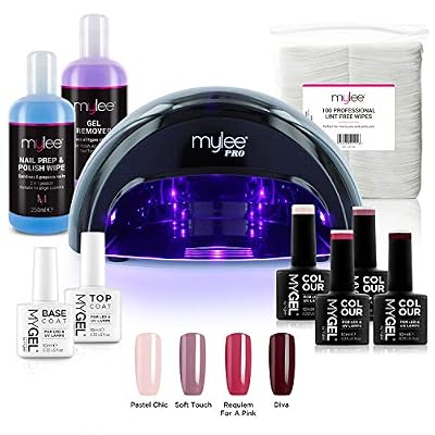 MYLEE Kit Gel Semi-Permanent Professionnel Mylee London, 4x Gels Couleur, 1x Gel Base Coat, 1 x Gel Top Coat, Lampe LED Convex Mylee PRO Salon (noire)