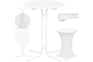 WOLTU Mesa de Bar Plegable, Mesa Redonda de Cóctel con Funda Elástica para Boda y Fiestas, Mesa Auxiliar con Patas Metálicas y Pie Ajustable, 80x110 cm, Blanco Mate