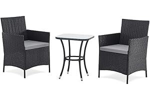 EVRE Copenhagen Outdoor Rattan Garden Bistro Set 3 Piece Wicker Table and Chairs Furniture with Cushions Glass Top Coffee Table for Conservatories Balcony Patio Poolside and Terrace (Black)