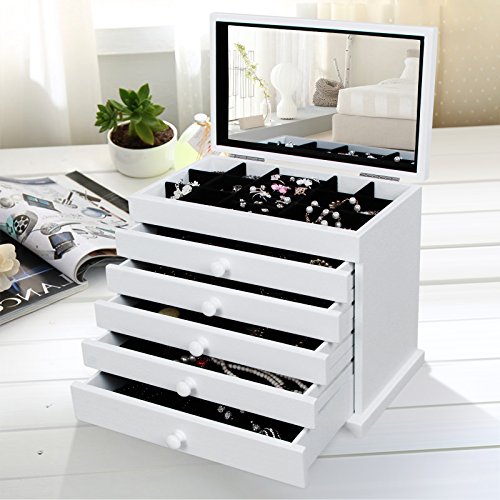 Songmics XXL Schmuckkasten Schmuckkoffer 6 Ebenen mit 5 Schubladen mit Spiegel Holz(MDF) weiß JBC55W - 2