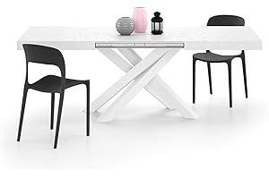 Mobili Fiver, Tavolo Allungabile Emma 140(220) x90 cm, Bianco Cemento con Gambe Incrociate Bianche, per 6-10 persone, Tavolo Cucina, Soggiorno, Made in Italy
