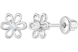 In Season Jewelry Plata Fina 925 Pendientes con Cierre de Rosca en Forma de Flor con Circonita de 6 mm para Niñas Pequeñas, Niñas y Preadolescentes
