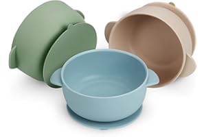 PandaEar Ensemble de 3 Bols pour Bébés avec Ventouse | Bol Alimentaire en Silicone pour Bébés, Enfants en Bas Âge et Tout-Petits (Bleu Vert Marron)