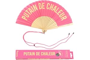 Fisura - Originale ventaglio p*Tain de chaleur Francese. Ventilatore a Mano in Legno Moderno e Divertente. Ventaglio Rosa e Giallo. Misure: 42,5 x 23 cm. Legno e Tessuto.