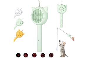 FUNLOV 5 in 1 Cuddles And Meow Cat Brush with Release Button Cat Comb, Pet Hair Cleaner Brush for Cats and Dogs, Pet Grooming Self Cleaning Brush for Shedding Long Haired & Short Haired Cats (Green)