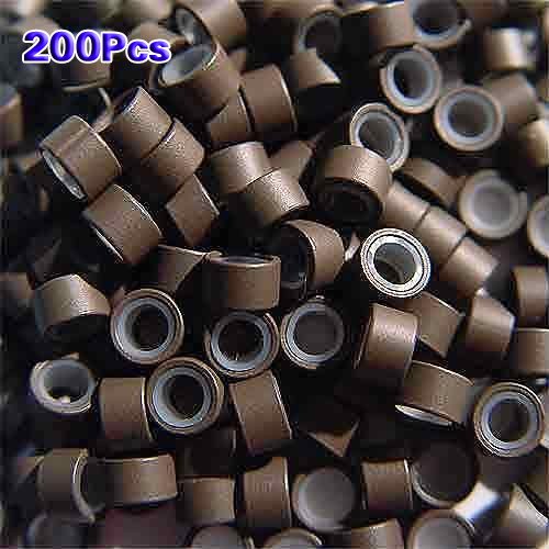 SODIAL(R) 200 PCS 5mm Medium brown Silicone Lined Micro Rings Links Beads For I Tip Bonded Feather Hair Extensions