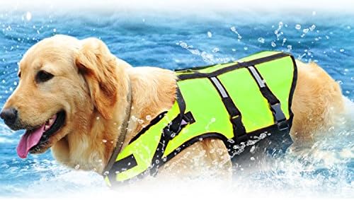 WARRAH Reflective Pet Dog Life Jacket Increase Visibility Easy-Fit Adjustable Dog Life Vest Preserver High Aid Buoyancy Pet Safe Dog Life Preserver Dog Lifesaver Vest Coat Flotation Float Life Jacket Green S …