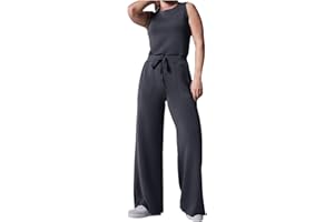 PAIDAXING Jumpsuit for Women UK Elegant Air Essentials Jumpsuit Casual Wide Leg Jumpsuit with Pockets Stretch Crew Neck Sleeveless Dungarees Elasticated Waist Drawstring Rompers Women's Jumpsuits & Playsuits