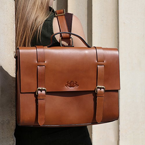 Scotch & Vain Aktentasche BOSTON DUO – Rucksack groß fit für 15.4″ mit Extra-Abtrennung- Laptoptasche festes Material – echt Sattelleder hellbraun-cognac - 8