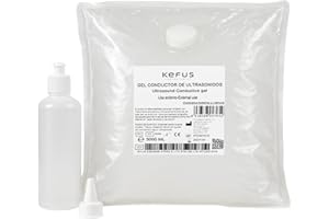 MUNTRADE KEFUS Gel Conductor Ultrasonidos Bolsa 5000 ml + Botella Rellenable 250 ml | Gel Sanitario para Ecografía, Cavitación, Electroestimulación, IPL y Láser | Alta Conductividad | Uso Profesional