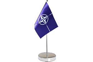 QSUM NATO Table Flag 9" x 6"- North Atlantic Treaty Organization Desk Flag Display, Include Stainless Steel Base and Adjustable Pole