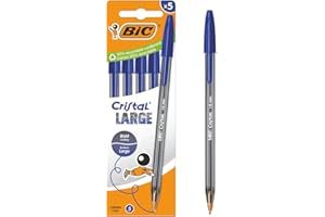 BIC Cristal Large Stylos-bille Pointe Large (1,6 mm) pour une meilleure lisibilité - Encre bleue, pack de 5
