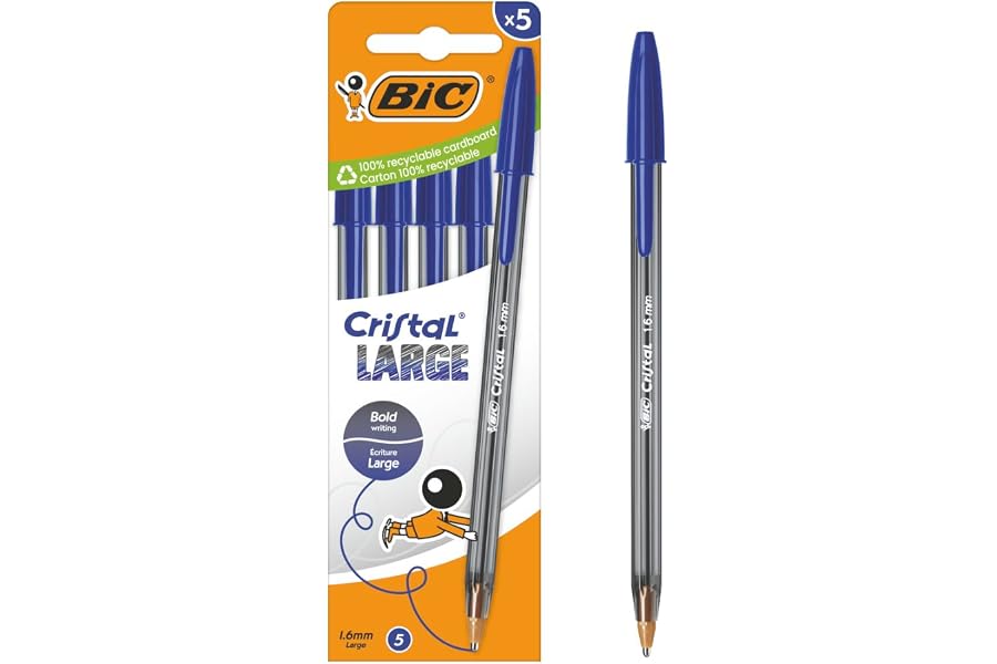 BIC Cristal Large Bolígrafos de Punta Ancha (1,6 mm) que Facilitan la Legibilidad - Tinta Azul, Pack de 5