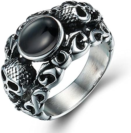 BOHO Men's Stainless Steel Gothic Biker Skull Agate Ring Vintage Silver Black Size 10