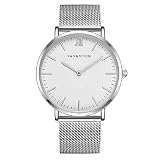 Unisex-Uhren Analog Quarz Mit Edelstahlband Herren Schwarz Mesh Band Wasserdicht Für Männer Armbanduhr Einfache Design,Weiß