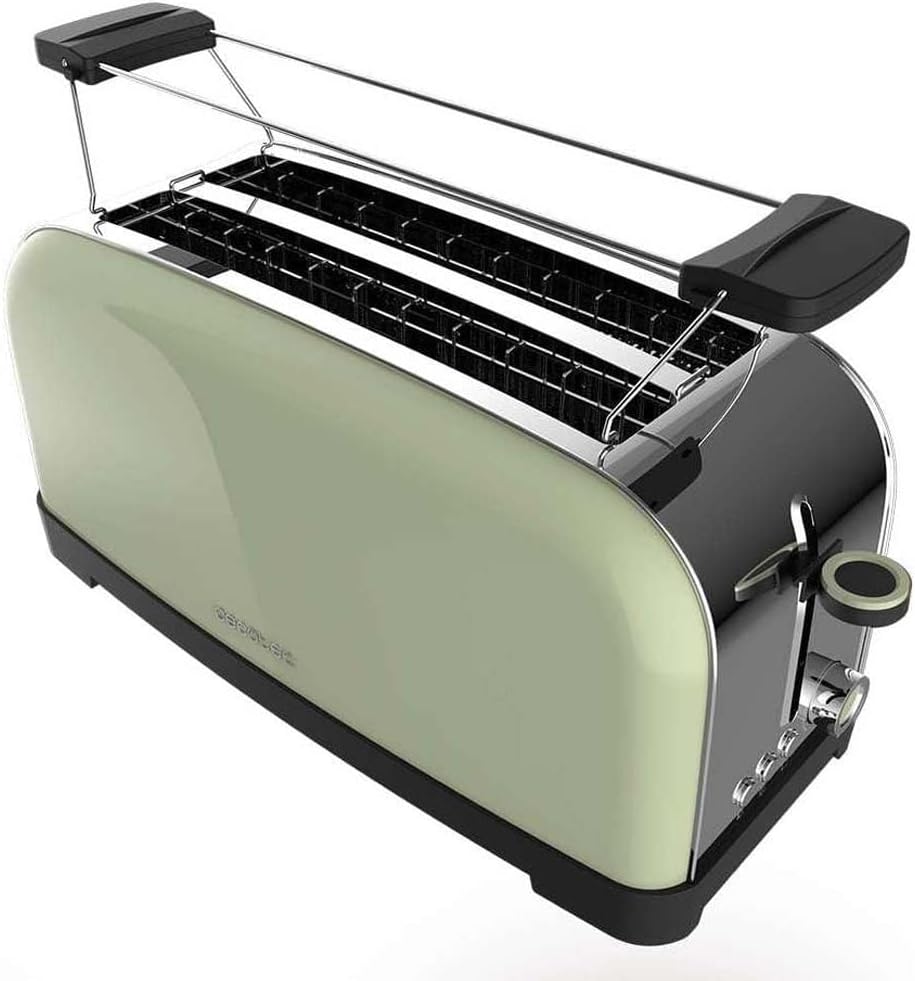 Cecotec Tostador Vertical Toastin' Time 1500 Green, 1500W, Doble ranura larga y ranura ancha 3,8cm, Varillas Superiores, Acero Inoxidable, Apagado y Pop-up Automático, Recogemigas