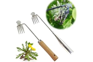 Michear Weed Pulling Tool Weed Puller Hand Long Wooden Handled Weeding Tool 4-Claws Uprooting Dandelion Weed Remover Tool Stainless Steel Patio Weed Remover tool for Pulling,Digging,Transplanting