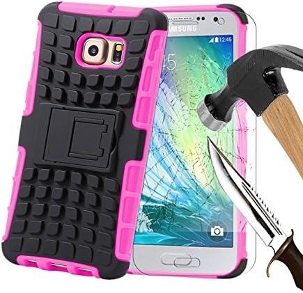 For Samsung Galaxy J3(2016), Armor Case Tough Rugged Shock proof Armorbox Dual Layer Heavy Duty Carrying Hybrid Hard Slim Protective Case For Galaxy J3(2016) (with Kickstand) + Tempered Glass Screen Protector-Pink