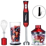 Hand Blender 3 in 1 800 W 20 Speed Immersion Blender, 500ml Food Processor, 800ml Beaker, Whisk, Robust Titanium Coating Stainless Steel Blade, Red / Black (HB-1250T) – 3 Year Warranty