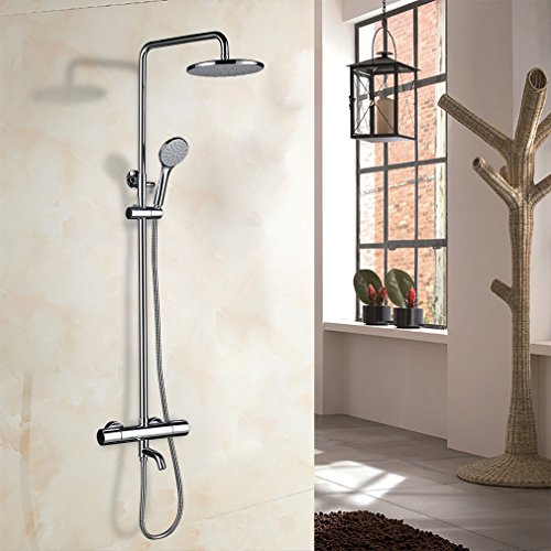 Kinse® Elegant Chrom Überkopf-Brauseset rain Duschsystem Duschstange mit Brausethermostat Regendusche Duschset inkl. Handbrause und Regenbrause
