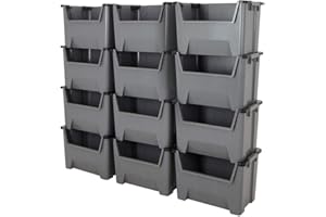 BiGDUG Giant Plastic Stacking Bins (10 Pack) - 400x600x400 mm - Open Fronted Order Picking Boxes - Grey - Heavy Duty Storage Boxes