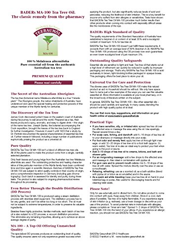 BADERs Apotheken Teebaumöl. 100% reines melaleuca alternifolia (MA-100). 20 ml. Doppelt destillierte Qualität. Traditionell beliebt bei unreiner Haut, Warzen, Fußpilz, für das Zahnfleisch und bei Schuppen. - 2