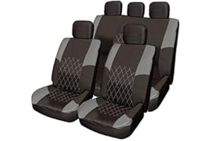 WHEELS N BITS WheelsNBits® GREY & BLACK Cloth Car Saloon Hatchback Estate Seat Covers Set Split Rear Seat to allow for a 50/50 or 60/40 Rear Seats to fold down 5 head rest. Included Steering Wheel Cover Glove an Shoulder Seat Belt Pads Plus Free Fitting Clips