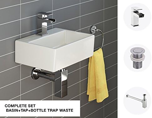 Basin Sink Square Ceramic Small Cloakroom Wall Hung Bathroom Sink + Tap + Wast Bottle Trap