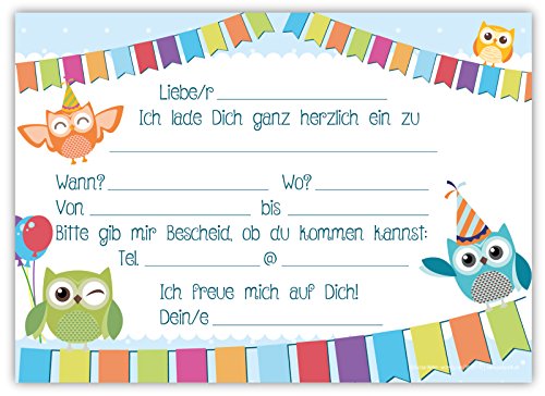 12 Lustige Einladungskarten im Set für Kindergeburtstag Eule Party für Jungen Mädchen Kinder Top Geburtstagseinladungen Karten Eulen Luftballons Uhu witzig Einladung Geburtstag Feier - 3