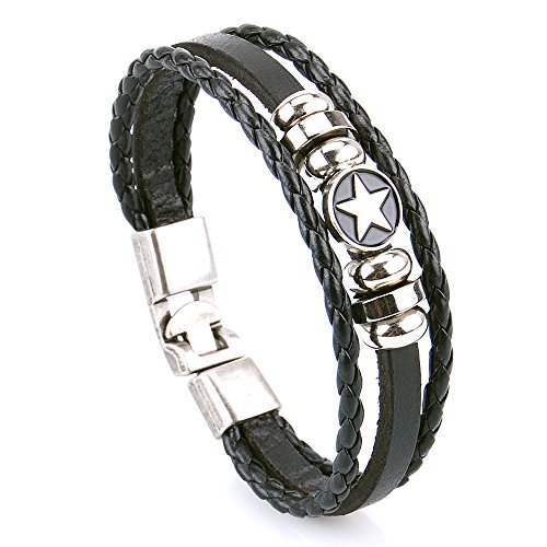 Pridot Freundschaft Bänder Accessoires Schwarz Unisex Leder Armband Stern Perlen Armreif Tribal Cuff mit Retro Legierung Haken - 3