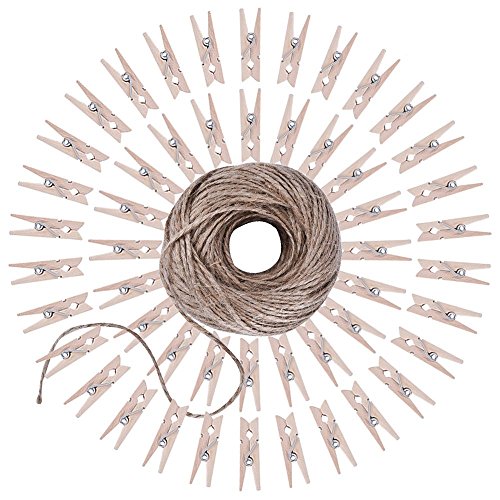 CAOLATOR Kleiner Holzclip Postkarte Fotopapier Holzklammern Dekoklammern mit 100M Jute Twine (50 Stücke)