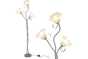 Golvlampa för Vardagsrum,Stativ Golvlampa med 3-Lampor,Gräddfärg Blomma Lampskärm,Grön Fäste, Höjd 170CM, Konstdekorationslam