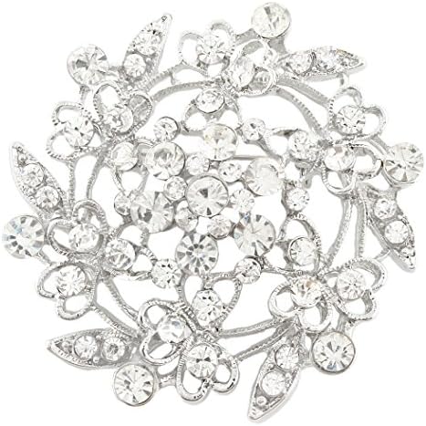 Austrian Crystal Bridal Sweet Love Heart Flower Leaf Filigree Brooch Clear Silver-Tone